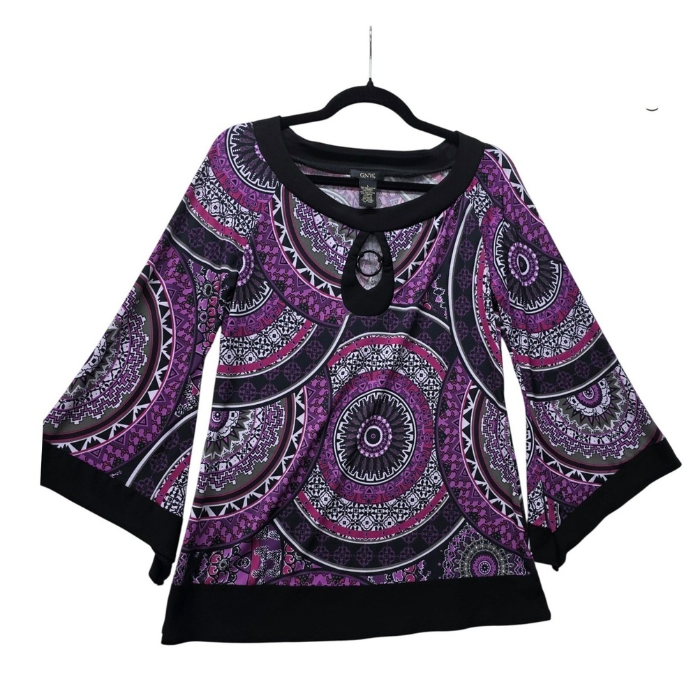 GNW Womens Purple‎ Medallion Print Keyhole Bell Sleeve Top Large